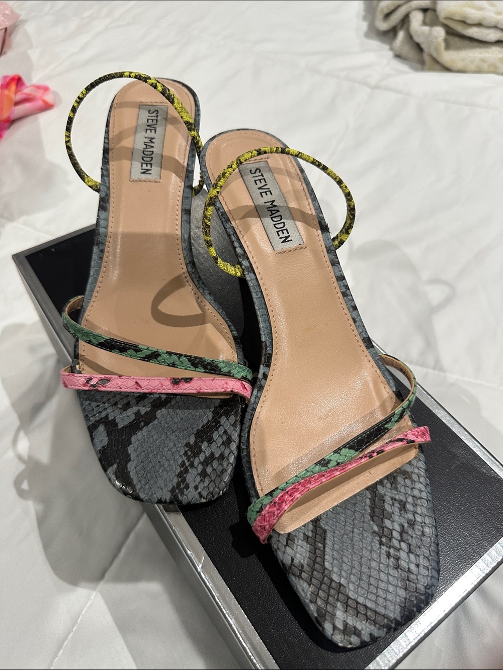 Steve Madden Gray Snake-Print Sandals with Pink, Green & Yellow Straps